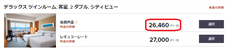 シェラトン広島の宿泊料金例