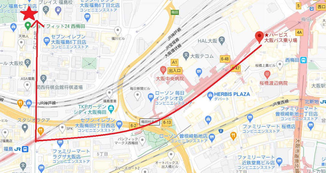 ハービス大阪からホテルへの道順